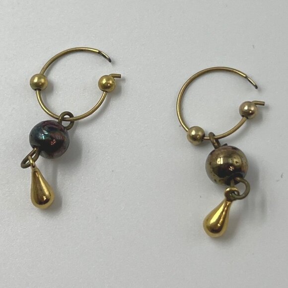 Drop Pierced Pearl Earrings Black Gold Ball Tear Drop - Picture 1 of 2